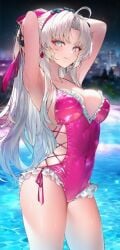 armpits arms_up beach bikini carlotta_(wuthering_waves) cleavage looking_at_viewer smirk suggestive_look swimsuit thighs tight_clothing wet wet_body wet_clothes white_hair wuthering_waves
