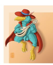 2025 absurd_res animal_humanoid anthro avian avian_feet avian_humanoid balls bard_(monster_sanctuary) beak cape clothing colored digital_media_(artwork) feathers flaccid floating foreskin full-length_portrait garo_(artist) genitals gradient_background hat headgear headwear hi_res humanoid line_art looking_away lute male mandolin monster_sanctuary musical_instrument penis playing_music plucked_string_instrument portrait shaded simple_background solo string_instrument uncircumcised