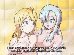 a-angewomon auspex blonde_hair blue_eyes breasts conversation cygames dragalia_lost fake_screenshot ilia_(dragalia_lost) shower showering silver_hair subtitled talking_to_another water yuri zethia_(dragalia_lost)