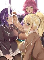 1futa 2girls asaka_karin big_penis blonde_hair blowjob blue_hair breasts censored cum cum_on_body cum_on_face cumshot fellatio female futa_with_female futanari huge_breasts huge_cock intersex licking_penis love_live! love_live!_nijigasaki_high_school_idol_club medium_hair miyashita_ai pink_hair tennouji_rina zad_orein