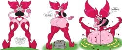 1girls aeolus06 ass_attack big_ass big_breasts bubble_butt cartoon_network english_text long_boots looking_at_viewer looking_back pink_body pink_hair sitting spinel_(steven_universe) steven_universe tagme text text_bubble thick_thighs tied_hair