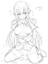 breasts breasts_out buddy_complex buddy_complex:_coupling_in_battlefield cum cum_in_pussy cum_on_body cum_on_breasts cum_on_clothes cum_on_legs cum_pool cum_puddle facial highres kiikii_(kitsukedokoro) long_hair monochrome yumihara_hina