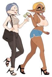 2girls ass ass barefoot beer big_ass big_breasts booty_shorts breasts brown_skin casual_clothes cleavage dark-skinned_female dark_skin female female_only frye_(splatoon) huge_breasts inkling kids_gamera long_hair looking_at_viewer money nintendo octoling pale_skin pants pointy_ears shiver_(splatoon) short_hair short_shorts shorts spaghetti_strap splatoon splatoon_(series) splatoon_3 tank_top thick_thighs yellow_eyes yellow_hair yuta_agc