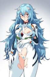 alternate_hairstyle blue_hair blue_pubic_hair blush bodysuit breasts clothing long_hair looking_at_viewer neon_genesis_evangelion nipples plugsuit pubic_hair pussy red_eyes rei_ayanami skintight small_breasts solo solo_female suoiresnu torn_clothes uncensored