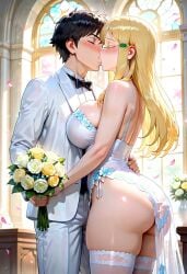 ai_generated big_ass big_breasts blonde_female blonde_hair blonde_hair blonde_hair_female bride hidaka_koharu high_score_girl huge_ass huge_breasts kissing thick_thighs thighs wedding wedding_dress