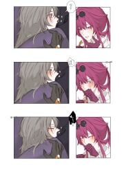 !? 2girls ? absurdres black_gloves blush closed_eyes cunnilingus dashed_eyes eyewear_on_head gloves grey_hair hashtag-only_commentary head_between_thighs highres honkai:_star_rail honkai_(series) kafka_(honkai:_star_rail) long_hair multiple_girls oral pari parted_lips purple_eyes shared_speech_bubble speech_bubble spoken_interrobang spoken_question_mark stelle_(honkai:_star_rail) trailblazer_(honkai:_star_rail) yuri
