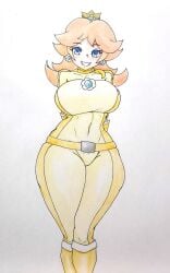 2021 ahoge alternate_breast_size areolae biker_daisy blue_eyes blush bodysuit breasts cleavage eye_bags female gaixas1 gaixas1draw hairband huge_breasts large_breasts mario_(series) mario_kart nipples orange_hair princess_daisy purple_hair simple_background solo spiral_eyes standing thighs