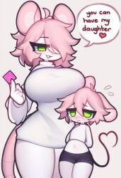 :3 age_difference ai_generated anthro blush condom condom_wrapper cub furry fuzzle fuzzleedits_(artist) green_eyes imminent_sex mother_and_daughter mouse mouse_ears mouse_tail pink_hair short_hair text young
