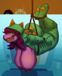 1girls areola areolae ass big_areola big_breasts bondage breasts breasts_bigger_than_head breasts_out buttons deltarune deltarune_chapter_3 dinosaur female kris_(deltarune) long_hair lugen_kobold nipple_piercing nipples pajamas purple_hair purple_skin ralsei rope rope_bondage susie_(deltarune) susiezilla teeth tied_up undertale_(series)