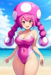 aged_up ai_generated beach big_breasts humanized mario_(series) nintendo novelai pink_eyes pink_hair smiling_at_viewer super_mario_bros. swimsuit toadette