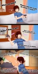 2boys 3d angry_face brat brown_hair choker clothed clothing comic english_text faceless_male femboy game_controller green_eyes instant_loss instant_loss_2koma koikatsu large_penis large_testicles laughing musk musk_clouds musky_balls oc original_character painted_nails rimjob rimming sharp_teeth short_hair smug smug_face sweat sweaty_balls text yaoi
