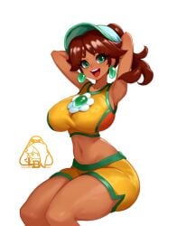 1girls alternate_costume blue_eyes breasts brown_hair earrings female large_breasts little_blood mario_(series) mario_kart mario_kart_world nintendo official_alternate_costume open_mouth ponytail princess_daisy princess_daisy_(swimwear) short_hair simple_background sitting solo solo_female solo_focus thick_thighs thighs tongue visor visor_cap white_background