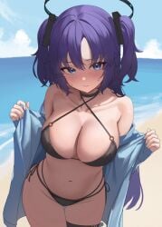 absurdres alternate_costume bare_shoulders beach bikini black_bikini black_choker black_halo blue_archive blue_eyes blue_jacket blue_sky blush breasts choker cleavage closed_mouth cloud collarbone day female gluteal_fold hair_ornament halo highres jacket large_breasts long_hair looking_at_viewer mechanical_halo millennium_science_school_student navel ocean off_shoulder outdoors purple_hair rianya07 sand shore side-tie_bikini_bottom sky solo string_bikini swimsuit thigh_strap triangle_hair_ornament two_side_up water yuuka_(blue_archive)