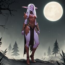 1girls ai_generated darkness face_markings female forest jewelry moon moonlight night night_elf night_elf_female night_sky nowrin pink_eyes purple_skin reavealing sfw slender_body solo stable_diffusion stroll tattoo warcraft white_hair world_of_warcraft