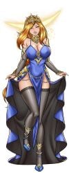 anklet bare_shoulders black_thighhighs blonde_hair blue_dress blue_footwear blush bracelet braid breasts cg cleavage closed_eyes clothes_lift covered_nipples crown curvy dark_selina_(hentai_heroes) detached_sleeves dress dress_lift earrings female full_body green_background hentai_heroes high_heels jewelry kinkoid large_breasts legs long_hair necklace official_art orange_hair parody queen_marika_the_eternal selina_(hentai_heroes) shoes side_slit smile solo standing thighhighs thighs tiara transparent_background wide_hips