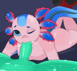 2boys anthro axo_(fortnite) axolotl big_ass big_penis blowjob deepthroat fortnite fortnite:_battle_royale furry gagging gay poseidon_(fortnite) spit tail