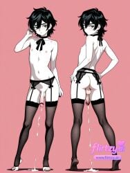 ai_generated andrew_graves black_hair black_nails cum female femboy full_body garter_belt garter_straps panties seductive seductive_look the_coffin_of_andy_and_leyley thighhighs white_body