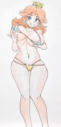 absurdres alternate_breast_size bikini blue_eyes breasts brown_hair female gaixas1 gaixas1draw grabbing_another's_breast grabbing_own_breast grin groping highres large_breasts legs looking_at_viewer mario_(series) micro_bikini navel nintendo princess princess_daisy short_hair smile solo super_mario_land swimsuit thighs toned traditional_media