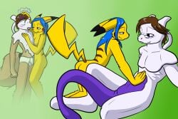 3:2 anthro black_body black_fur blue_eyes blush briefs briefs_only brown_body brown_fur brown_hair clothed clothing detailed_background duo eyewear female fur generation_1_pokemon glasses gradient_background green_background hair half-closed_eyes immelmann_(character) legendary_pokemon male male/female mewtwo monotone_briefs monotone_clothing monotone_underwear narrowed_eyes nintendo nude nx-42 pikachu pokemon pokemon_(species) purple_body simple_background smile tighty_whities topless touching_chest touching_stomach transformation underwear underwear_only white_briefs white_clothing white_underwear yellow_body yellow_fur