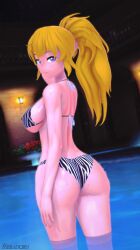 1girls arrancon bikini bikini_bottom bikini_top blonde_female blonde_hair half-dressed half_naked half_naked_female long_hair long_hair_female purple_eyes rwby solo_female wet_body yang_xiao_long zebra_print