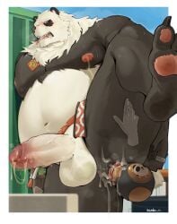 anal anal_masturbation anthro ass balls barazoku bear belly blush bodily_fluids erection genital_fluids genitals giant_panda hi_res improvised_dildo improvised_sex_toy male mammal masturbation mihoyo navel nipples nude overweight overweight_anthro overweight_male pan_yin_hu pawpads penis precum zenless_zone_zero zudo_o