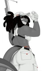 anthro crocodilian fully_clothed gun looking_back nextel scalie visible_underwear zynn