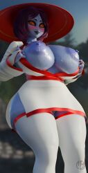 3d 3d_(artwork alien_girl almost_naked big_breasts big_thighs blue_body bonzaibomb breast_focus breasts exibitionism female female_only huge_breasts juicy_breasts kimono kimono_open mature_female naked naked_female orange_eyes panties presenting_breasts purple_hair) showing_breasts slim slim_waist smile solo_female stockings sweating tau tau_(bysamzan) thick_breasts thighs warhammer_(franchise) warhammer_40k wet wet_skin