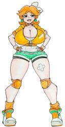 1girls armwear bandage big_breasts blue_eyes blush breasts breasts_bigger_than_head brown_hair cleavage female female_only gaixas1 gaixas1draw green_shorts hair hat headwear huge_breasts jacket large_breasts legs mario_(series) mario_kart orange_hair orange_jacket ponytail princess_daisy princess_daisy_(touring) shirt shoes short_shorts shorts solo solo_female thick_thighs thighs tongue tongue_out topwear white_shirt