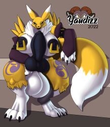 animal_genitalia animal_penis anthro balls bandai_namco big_balls big_genitalia big_penis breasts canine_genitalia canine_penis digimon digimon_(species) dominant dominant_anthro dominant_gynomorph dominant_intersex genitals gynomorph herm hi_res huge_balls huge_cock hyper hyper_balls hyper_genitalia hyper_penis intersex knot knotted_penis nipple_piercing nipples penis piercing renamon sheath solo yaudizz