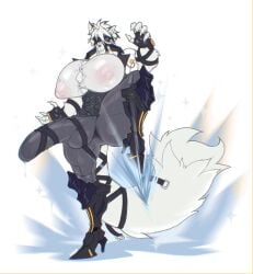 anthro balls balls_outline big_balls big_breasts big_penis breasts bulge button_(fastener) canid canine canis clothing cybernetic_leg cybernetic_limb detailed_bulge erection erection_under_clothing eye_patch eyewear fur genital_outline genitals gynomorph huge_balls huge_breasts huge_cock intersex kick lunionjpeg mammal mihoyo penis penis_outline solo straining_buttons thick_thighs von_lycaon white_body white_fur wide_hips wolf zenless_zone_zero