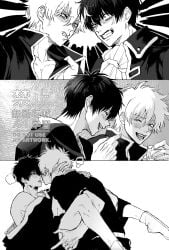2boys a_ryarya105 angry blush breath comic drunk enemies gay gintama gintoki_sakata hijikata_toshiro implied_anal instant_loss kimono looking_at_another male male_only monochrome multiple_images no_visible_genitalia police_officer police_uniform rivals saliva_trail sex shinsengumi_(gintama) smile textless yaoi