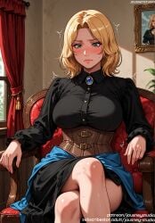 ai_generated bangs black_corset black_shirt blonde_hair blush book breasts brooch castlevania castlevania_(netflix) castlevania_nocturne chair closed_mouth clothing collared_dress collared_shirt corset crossed_legs curtains dress embarrassed female female female_only green_eyes indoors jewelry jousneystudio large_breasts lips long_sleeves medium_hair mole parted_bangs parted_hair plant potted_plant shirt short_hair sitting skirt solo sweat sweatdrop tera_renard thighs trembling window