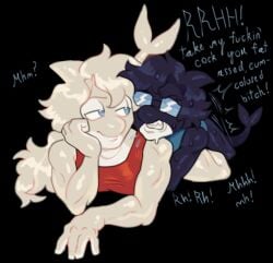 2boys 2d 2d_(artwork) albino albino_orca amused angry angry_dom angry_expression angry_face anthro anthro_on_anthro anthro_only anthro_orca anthro_penetrated black_body blue_eyes blue_tank_top cetacean clenched_teeth colored english english_dialogue english_text from_behind frustrated fucked_from_behind gay glasses growling happy_sub hard_sex head_fin humping implied_anal implied_penetration light-skinned_male light_skin long_hair long_hair_male male male/male male_only male_sub mr_shrink no_visible_genitalia orca original original_character original_characters red_tank_top rough_anal rough_sex scrawny_dom short_hair small_dom_big_sub smaller_top_and_beefy_bottom smiling smiling_at_partner snarling speech spitting spittle square_glasses tail tail_fin tank_top tank_top_only tanktop text white_markings