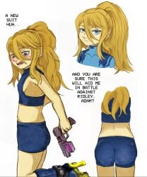 adam_malkovich aged_down ass ass ass_focus back_view blonde_hair blush brat confident cute dialogue gun heels high_heels metroid missing_tooth nintendo ponytail revealing_clothes ridley samus_aran side_view sideboob sketch sketch_page skinny sweat thighs young young_female zero_suit_samus