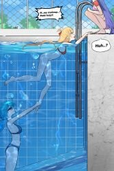 3girls air_bubbles bikini blonde_hair blue_hair exposed exposed_ass exposed_pussy female grabbing grabbing_leg half_naked marima666_(artist) medium_breasts pool pulled_down small_breasts swimming_goggles swimming_pool underwater water