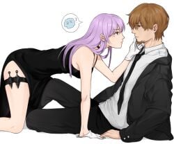 annyeong0369 assassin black_dress brown_hair business_suit choker facial_hair fully_clothed gintama gloves goatee hattori_zenzou kunai lavender_hair light_purple_hair long_hair looking_at_another mole_under_eye official_alternate_costume purple_hair sarutobi_ayame side_slit suit thigh_strap white_gloves