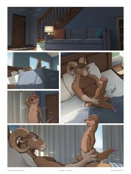 abs adam_wan ambiguous_penetrated ambiguous_penetration andy_borrego_(zaush) anthro bed bedding bedroom blanket blue_body blue_fur bodily_fluids bovid brown_body brown_fur caprine closer_(zaush) colored_fur comic cowgirl_position cum cum_inside cum_on_bed cum_on_crotch cuntboy duo eyewear featureless_chest from_front_position fur furniture genital_fluids glasses goat grabbing_hips hi_res horn intersex lucas_lightfoot_(zaush) lutrine male male/ambiguous male/male male_on_cuntboy male_penetrating male_penetrating_ambiguous mammal muscular muscular_anthro muscular_male mustelid nude on_bottom on_top otter penetration pillow pink_body pink_fur sex size_difference sweat zaush