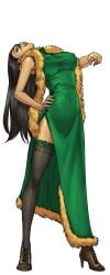 ass bent_over black_hair black_thighhighs boa_hancock boots bracelet breasts cg china_dress chinese_clothes covered_navel covered_nipples dress earrings feather_boa female from_behind full_body fur_trim green_background green_dress hand_on_own_hip hentai_heroes high_heels jewelry kinkoid lace-trimmed_legwear large_breasts lipstick long_hair looking_back makeup official_art parody red_lips shoes shtupra_(hentai_heroes) side_slit simple_background sleeveless solo standing thighhighs