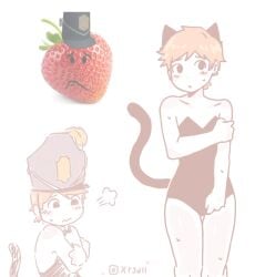 barry_(guts_and_blackpowder) boy bunnysuit cat_ears catboy chibi femboy guts_and_blackpowder pastel_colors roblox shy_expression strawberry tail twink uniform