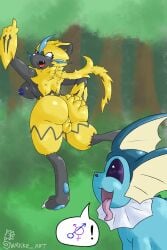 2:3 absurd_res anthro areola ass backsack balls blue_areola blue_nipples breasts butt_grab duo eeveelution felid feline feral futanari gender_symbol generation_1_pokemon generation_7_pokemon genitals hand_on_butt hi_res intersex intersex/male legendary_pokemon male mammal nintendo nipple_piercing nipples piercing pokemon pokemon_(species) self_grope speech_bubble symbol tail thick_thighs tongue tongue_out vaporeon wakke zeraora