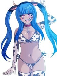 alternate_version_available amemiya_darumi bikini blue_hair blush choker cow_ears cow_girl cow_horns cow_print gyaru headband heart_mark makeup navel_piercing oerba_yun_fang peace_sign running_mascara safety_pin smiling tanned the_hundred_line_-last_defense_academy- twintails