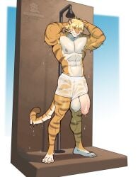 2025 abs anthro artist_logo artist_name balls biceps big_balls big_penis blonde_hair boosterpang bottomwear claws clothed clothing countershade_face countershade_torso countershading digital_drawing_(artwork) digital_media_(artwork) eye_through_hair eyebrow_through_hair eyebrows felid full-length_portrait fur genitals hair hands_behind_head hi_res huge_balls huge_cock logo male mammal muscular muscular_male nipples one_eye_closed orange_body pecs penis penis_poking_out penis_through_leghole portrait shower skimpy solo standing striped_body striped_fur stripes tail text toe_claws topless topless_anthro topless_male translucent translucent_hair wet wet_body wet_bottomwear wet_clothing wet_fur white_bottomwear white_clothing wink