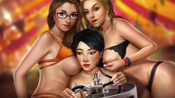 3girls amber_williams_(sexy_airlines) asian beer belly belly_button biting_lip black_bra black_eyes black_hair blonde_hair blush bra bra_lift breasts brown_hair chin_length_hair earrings glasses green_eyes happy latina light-skinned_female light_skin long_hair looking_at_viewer looking_away looking_pleasured medium_breasts medium_hair mexican michelle_tan_(sexy_airlines) multiple_girls nutaku open_eyes orange_bra paulina_ortiz_(sexy_airlines) petite posing red_lipstick sexy_airlines short_hair