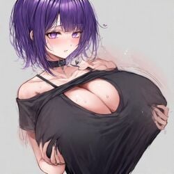 1girls ai_generated big_breasts black_clothing black_nails blush cleavage collar collarbone emo emo_girl female female_only groping_self high-angle_view huge_breasts massive_breasts nail_polish original original_character perchance_ai purple_background purple_eyes purple_hair self_upload short_hair tagme upper_body
