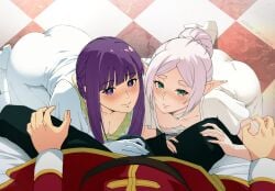 1boy 2girls akobeul ass blush breasts bulge cleavage down_blouse dress elf erection erection_under_clothes fern_(sousou_no_frieren) frieren gloves green_eyes highres imminent_oral large_breasts looking_at_viewer multiple_girls nipples pointy_ears purple_eyes purple_hair small_breasts smile sousou_no_frieren stark_(sousou_no_frieren) white_dress white_gloves white_hair
