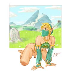 1boy all_fours blonde_hair bottomless breath_of_the_wild femboy flaccid gerudo_link gerudo_outfit link link_(breath_of_the_wild) male_only mitzz penis pointy_ears solo the_legend_of_zelda