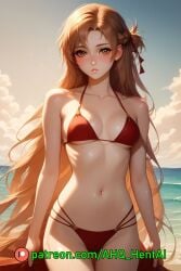 1girls ahq_hentai ai_generated beach bikini blush brown_eyes brown_hair female medium_breasts patreon perfect_body stable_diffusion standing sword_art_online wet yuuki_asuna