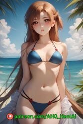 1girls ahq_hentai ai_generated beach bikini blush brown_eyes brown_hair female medium_breasts patreon perfect_body stable_diffusion standing sword_art_online wet yuuki_asuna