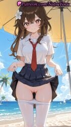 1girls ai_generated alternate_costume anime anime_style asian ass_visible_through_thighs bangs beach beach_umbrella black_skirt blue_nails blue_skirt blue_sky blush boat breast_pocket breasts brown_eyes brown_hair cleft_of_venus closed_mouth clothes_lift clothes_pull cloud collarbone collared_shirt cowboy_shot crossed_bangs day dress_shirt feet_out_of_frame female female_focus female_only female_solo flashing flower flower-shaped_pupils hair_between_eyes hair_flower hair_ornament head_tilt heart heart-shaped_pupils hentai lifted_by_self long_hair looking_at_viewer medium_breasts miniskirt nail_polish natsuyoru necktie no_panties ocean original original_character outdoors paipan palm_tree pantyhose pantyhose_pull pleated_skirt pocket pussy red_necktie school_uniform shirt shirt_tucked_in short_sleeves skirt skirt_lift sky smile solo solo_female standing sunlight symbol-shaped_pupils thighs tie tree umbrella uncensored underwear vagina voluptuous voluptuous_female water watercraft white_flower white_pantyhose white_shirt