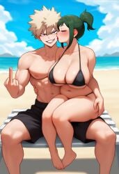 ai_generated artist_name artist_request bikini blonde_hair blonde_hair blonde_hair_male blonde_male clothed clothed_male clothing green_eyes green_hair green_hair_female inko_midoriya katsuki_bakugou kissing kissing middle_finger muscular muscular_male my_hero_academia